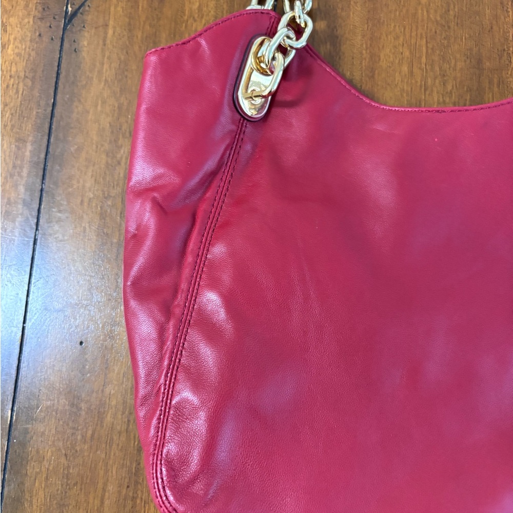 Michael Kors Lily Red Lambskin Leather Gold tone Chain Straps Tote - Picture 5 of 10